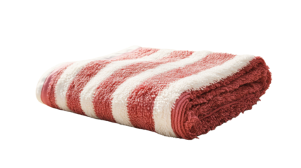 Fluffy Red Striped Cotton Towel on Clean Beach Back on white background 