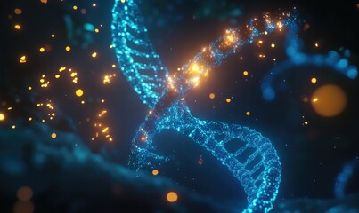 Abstract DNA helix, glowing blue, surrounded by particles