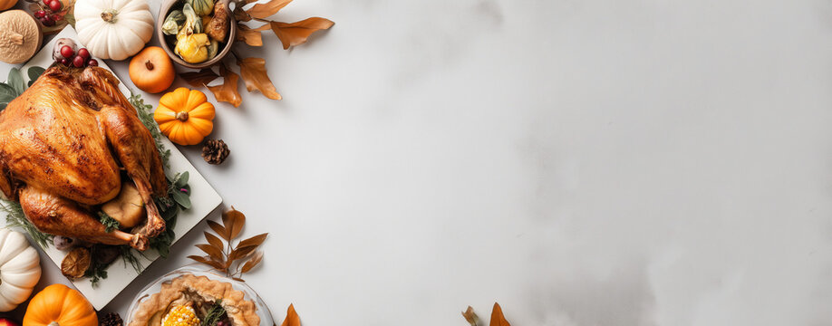 Roasted turkey with pumpkins, pie, and autumn leaves arranged on white surface with empty space for text, perfect for Thanksgiving invitations and seasonal promotions