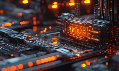 Intricate, glowing circuitry, detailed close-up.  Orange-red lights highlight  complex, metallic components