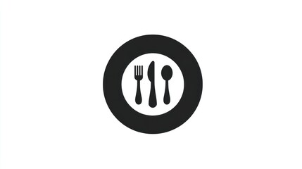 Obraz premium Simple graphic icon shows a plate with cutlery (fork, knife, spoon) against white