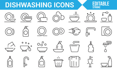 Fototapeta premium A set of dishwashing-related icons, featuring symbols for washing dishes, utensils, soap, and dishwashing tools, perfect for household cleaning and kitchen tasks.