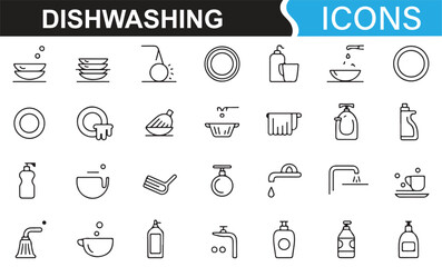 Dishwashing and kitchen cleaning tools illustrated in minimalist line icons.