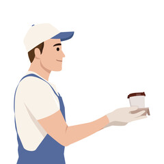 Barista in uniform and gloves offers a cup of coffee, highlighting warmth, service, and hospitality. Flat vector illustration isolated on white background