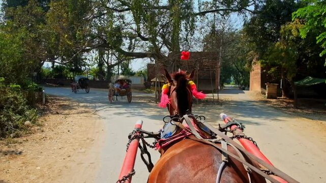A horse-drawn cart rolls along the village road, Inwa (Ava), Myanmar