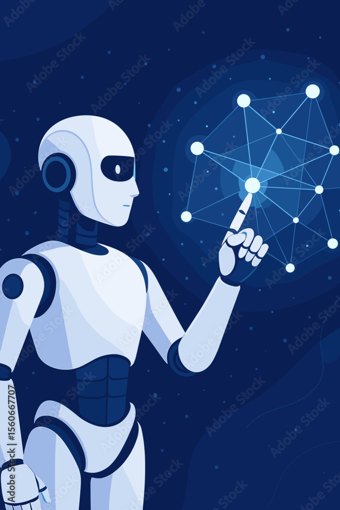 Aufkleber ai robot humanoid touching a glowing digital network node. machine learning and big data concept. cy