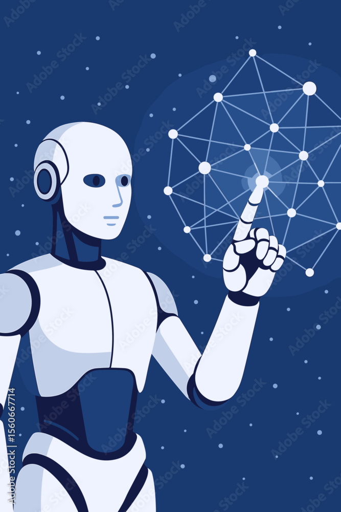 Fototapete ai robot humanoid touching a glowing big data network connection. artificial intelligence, machine l