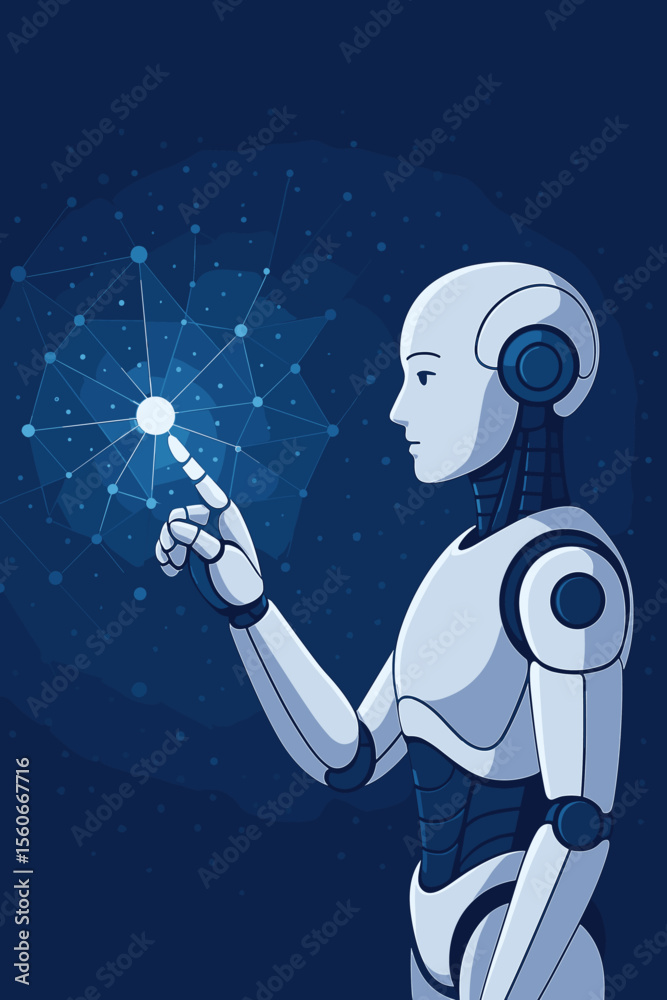 Poster ai robot humanoid hand interacting with big data network connection in cyberspace. machine learning,
