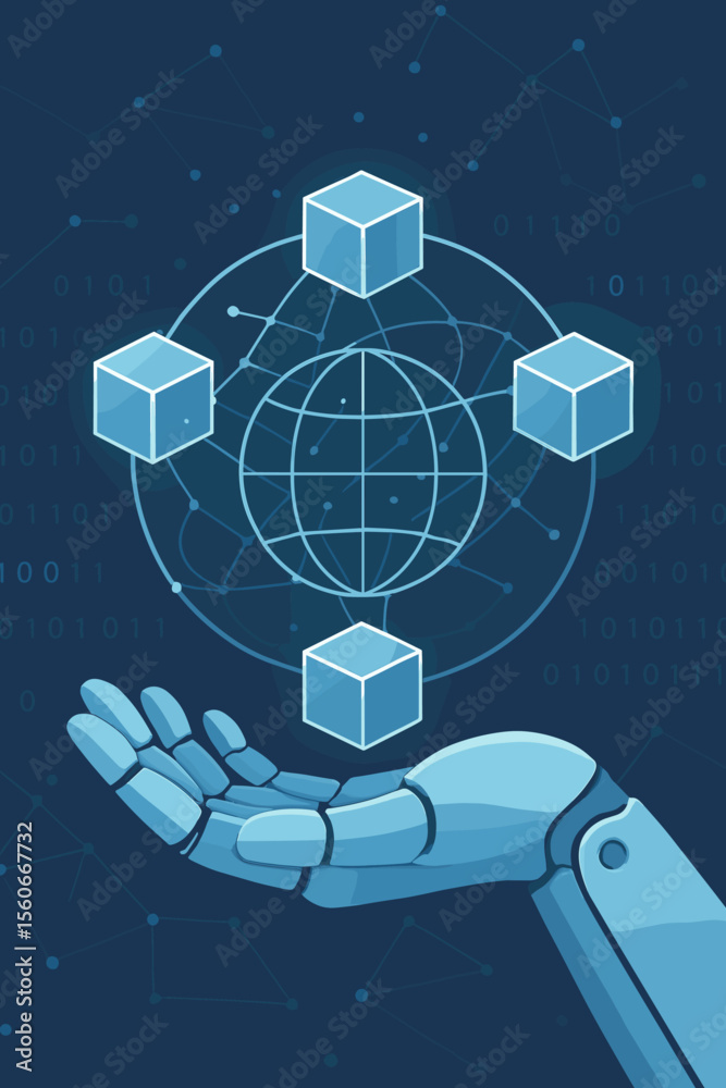 Fototapete blockchain technology concept with ai. robot hand holds abstract global network with data blocks. in