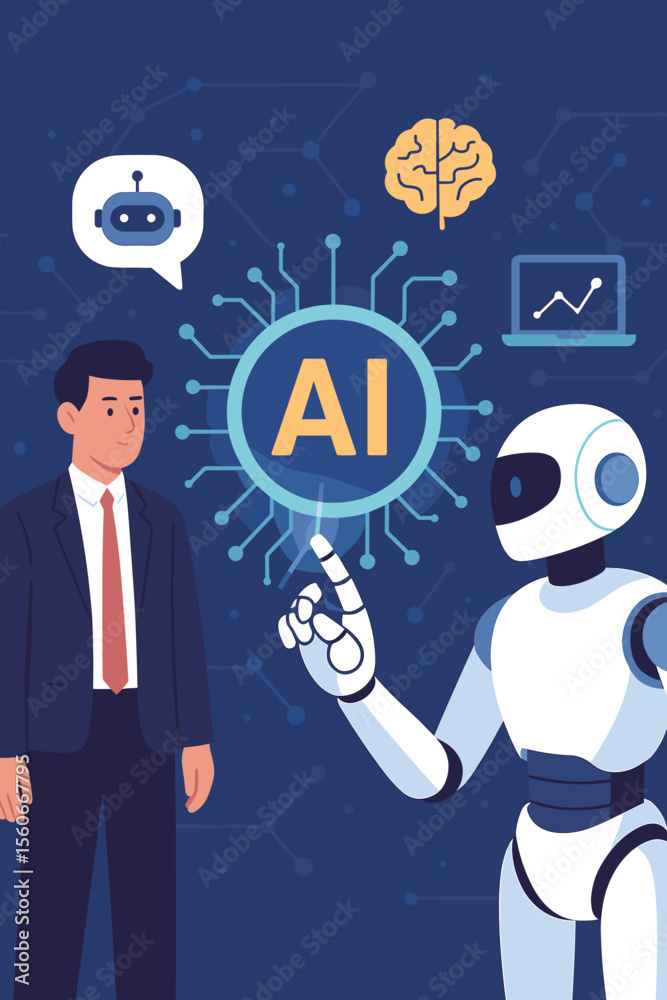 Aufkleber ai technology concept. robot and businessman interacting with an artificial intelligence interface. 