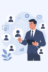 CRM Customer Relationship Management Concept, Businessman with Tablet Connecting Global Customer Network, Data Exchange, Digital Communication, Client Service, Technology Integration, Teamwork