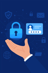Cyber security hand holding digital padlock, login verified identity credentials, online data protection, secure network access, authorized internet privacy, password safety technology concept