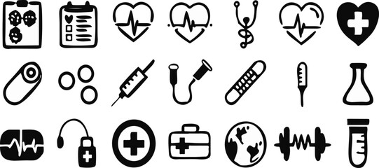 Flat Medical Equipment Icons – Clean Outline Vector of Stethoscope, Syringe, and First Aid Kit