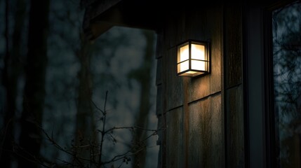 Close-up solar light fixture facade home soft glow textured wood forest