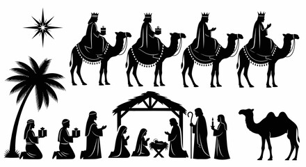 Black Silhouette Nativity Scene with Three Wise Men on Camels, Palm Tree, and Star