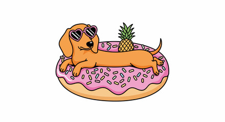 Cartoon Dachshund with Heart Sunglasses on Donut Float with Pineapple