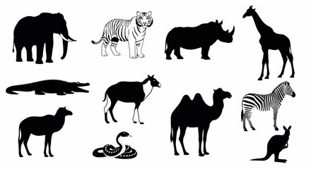 Collection of Black and White Animal Silhouettes: Elephant, Tiger, Rhino, Giraffe, Crocodile, Zebra, Camel, and More