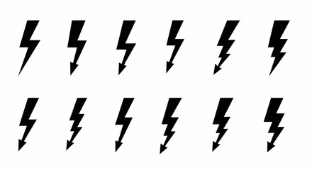 Collection of Black Lightning Bolt Icons on White Background, Energy Symbols