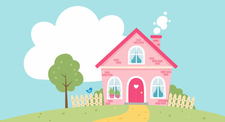 Charming Pink Cartoon House with Red Roof and Heart Door Detail