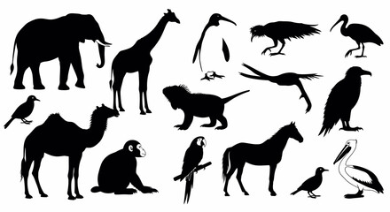Collection of Black Silhouettes of Diverse African and Exotic Animals