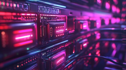 Fototapeta premium Cryptocurrency Mining Server Room With Red and Blue LED Lighting Depicting Technology, Digital Assets, and Blockchain Innovation