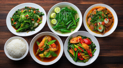 A delectable spread of various Asian dishes beautifully arranged on a dark wooden table showcasing vibrant colors and textures creating an appetizing presentation.