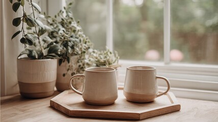 A minimalist coffee corner at home with neutral tones clean lines handmade mugs and plants peaceful lifestyle setting real photo stock photography