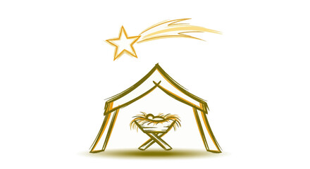 Hand-drawn Nativity Scene: Baby Jesus in Manger under Olive-Gold Shelter with Guiding Star