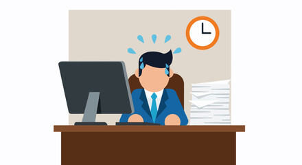 Stressed Businessman Working at Desk with Computer and Clock