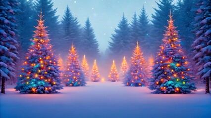 Enchanted winter forest scene with illuminated christmas trees