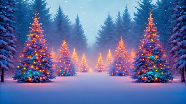 Enchanted winter forest scene with illuminated christmas trees