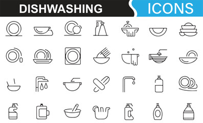 Icons representing dishwashing activities, from washing dishes to using cleaning tools.