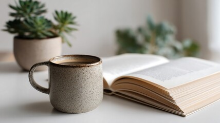 A minimalist coffee scene with a ceramic mug, open book, and houseplant on a clean white desk Scandinavian interior real photo stock photography