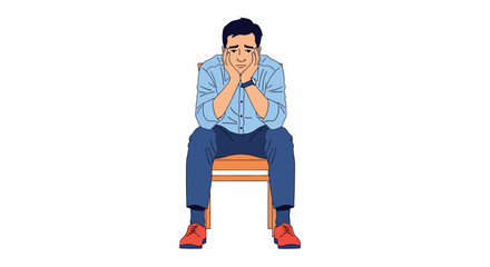 Pensive Man in Light Blue Shirt Sitting on Wooden Chair, Red Shoes