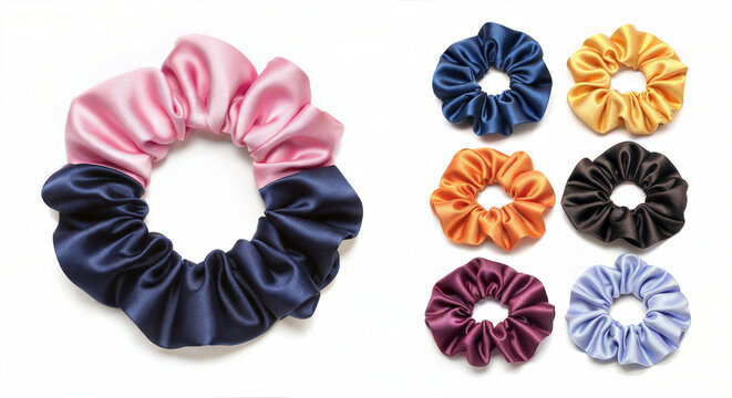 Colorful satin hair scrunchies arranged on white background - Powered by Adobe