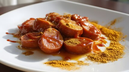 Currywurst on a white plate, a popular German street food