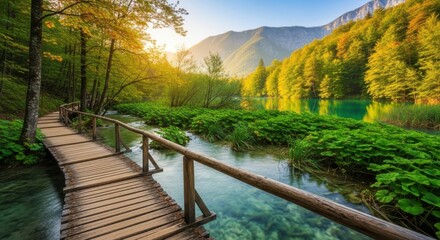 Obraz premium Wooden Boardwalk Winding Through a Lush Green Forest with a Turquoise Lake and Mountains in the Background