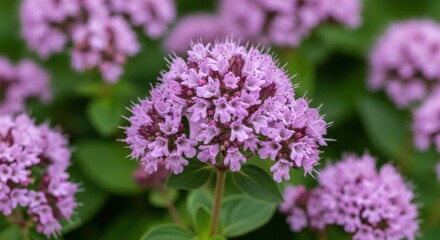 Close up of purple oregano flowers with green leaves in the background