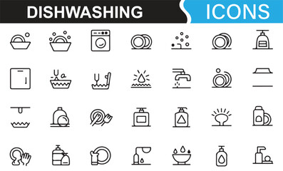 Set of icons related to dishwashing, including dishwashers, utensils, and cleaning products.