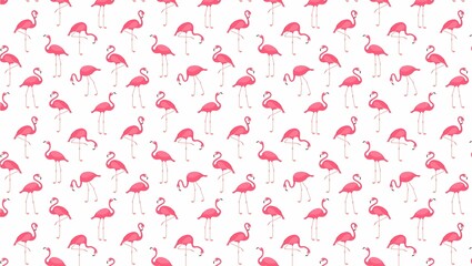A seamless pattern of pink flamingos on a white background in various poses and orientations art