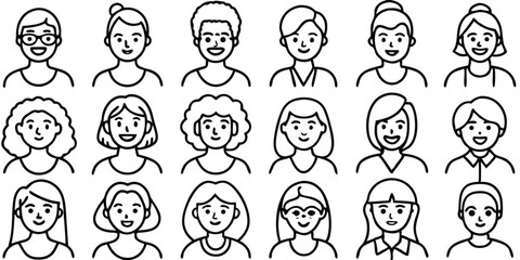 Fototapeta premium Diverse Women Icon Set A Clean Line Art Collection of 20 Unique Female Portraits