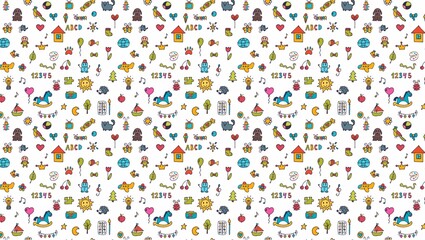 Seamless pattern with hand drawn doodle elements including animals toys and other childhood related objects