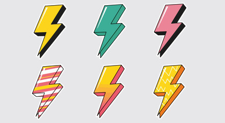 Six Colorful Retro-Style Lightning Bolt Stickers: Yellow, Teal, Pink, Striped, Gradient, and Zigzag Designs