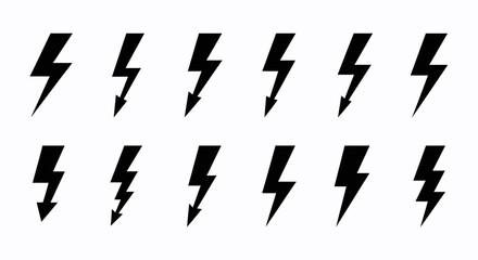 Collection of Black Lightning Bolt Icons on White Background, Vector Set