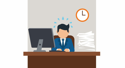 Stressed Businessman at Desk with Computer and Paperwork, Sweating, Deadline Pressure