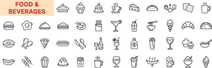Food and Beverages Line Icon Design Featuring Burgers, Pizza, Donuts, Hot Dogs, Drinks, Ice Cream, Cupcakes, Cheese, Coffee, Juice, Beer, Sushi, Sandwiches, and Cutlery