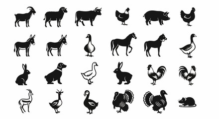Collection of Black and White Farm Animal Silhouettes
