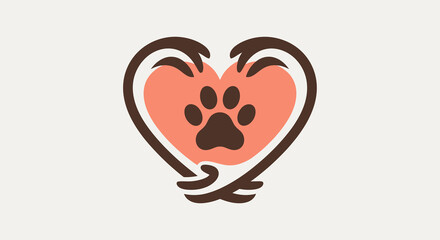Stylized Heart with Paw Print: Brown Outline, Peach Fill, Dark Brown Paw