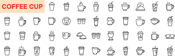 Coffee Cup Line Icon Design Featuring Mugs, Takeaway Cups, Espresso, Cappuccino, Tea, Latte, Coffee Beans, Hot Drinks, Glasses, Straws, Saucers, and Café Beverage Containers