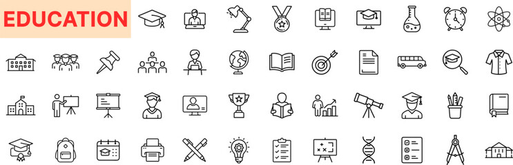 Education and Learning Line Icon Design Featuring Books, Graduation Cap, Microscope, Blackboard, School Bus, Medal, DNA, Atom, Student, Online Class, and Stationery Tools